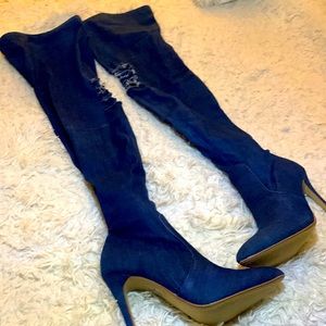 High knee jean boots